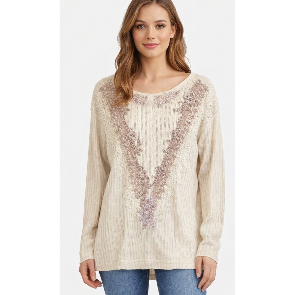 VTG Beaded Silk Embroidery Lace Adorned Sweater L/XL Cotton Blend 90s USA